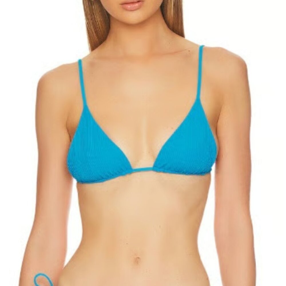 NWT L*Space Womens Brittany Triangle Bikini Top Blue Size M Back Tie Eco Ribbed